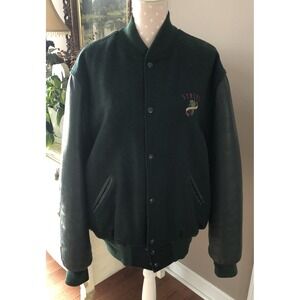 Vintage USA Holloway Varsity Jacket Mens XL Dark Green Leather Wool Strube Logo